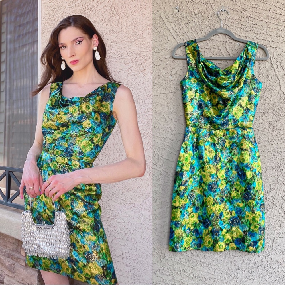 VINTAGE 1950’s 60s Green Foil Metallic Jacquard Draped Cocktail Wiggle Dress XS